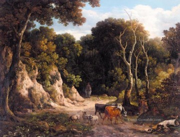  ein - Eine WOODED LANDSCAPE MIT KATTLE UND SHEEP auf einem PATH MIT A HERDSMAN Philip Reinagle Wald Landschaft